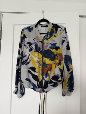 Floral Print Bomber Jacket with Yellow & Navy Accents